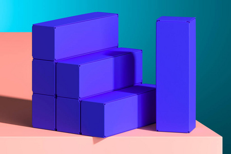 三文鱼色底座上的蓝色空白纸板箱。3d渲染。空位。复制空间。极简主义。