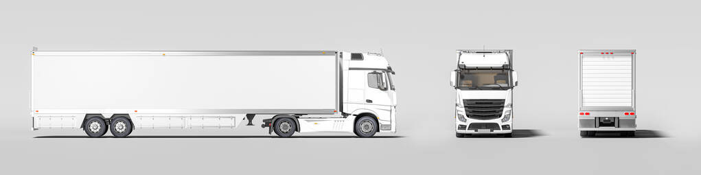 白色半卡车的侧视图正视图和后视图，冰箱上有空位，用于运输。三维渲染