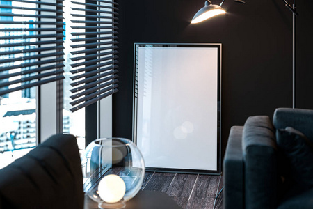 空白相框与空白海报附近的黑暗墙壁和大窗户，三维渲染。客厅现代内饰。