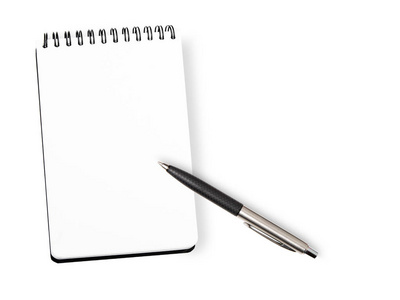 Open blank white paper notebook with a spiral and a pen lies on 