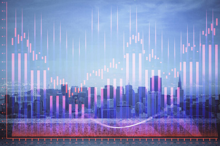 外汇图城市视图与摩天大楼背景多重曝光。财务分析概念。