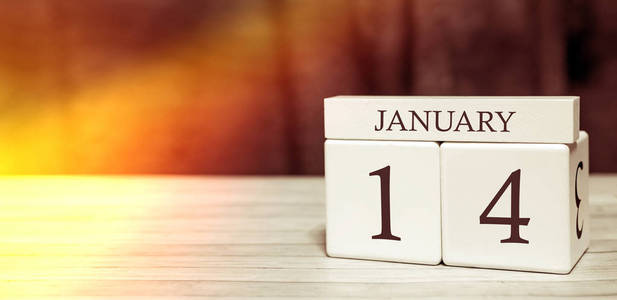 日历提醒事件概念。带有数字和月份的木制立方体，1月14日有阳光。