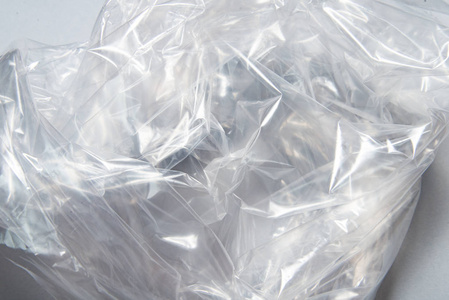 纹理背景,皱巴巴的透明聚乙烯薄膜透明的聚乙烯塑料经纱瓶.