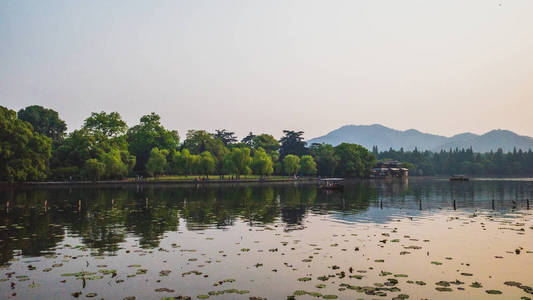 杭州西湖夕阳倒影景观图片