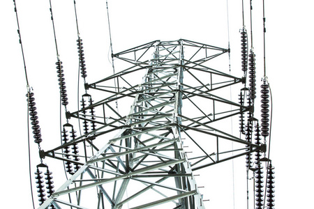 High voltage pole on blue sky background. 