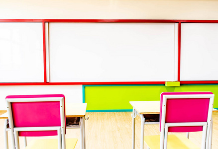 幼儿园教室里的桌椅和白板。