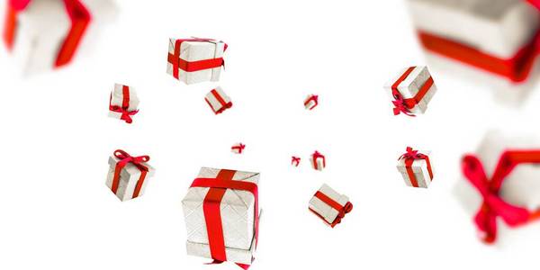 惊喜盒子。红色丝带飘落的礼物。生日快乐或派对贺卡。