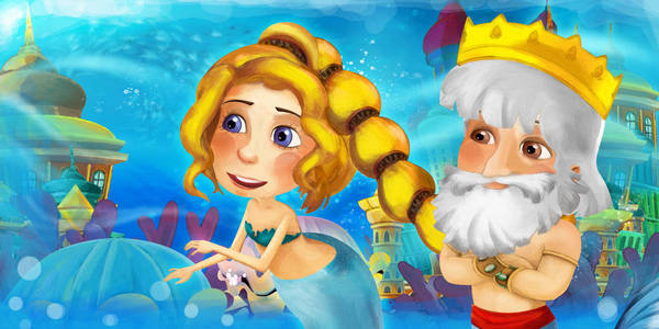 卡通海洋和水下王国的美人鱼公主游泳和娱乐儿童插图