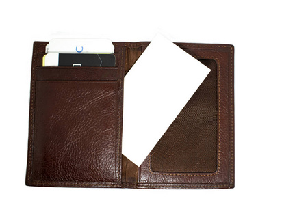 你的名片，棕色钱包上的信用卡。单独的棕色钱包。