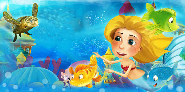 卡通海洋和水下王国的美人鱼与鱼游泳，玩得开心儿童插图
