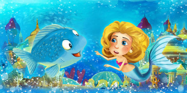 卡通海洋和水下王国中的美人鱼公主游泳和玩鱼的乐趣儿童插图