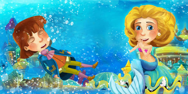 卡通海洋和美人鱼在水下王国游泳和与鱼嬉戏看溺水男子王子儿童插图