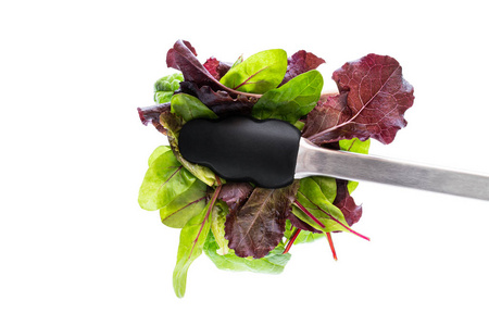 Tongs with mix salad leaves isolated on white 
