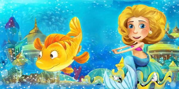 卡通海洋和水下王国中的美人鱼公主游泳和玩鱼的乐趣儿童插图