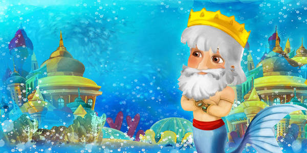 卡通海洋和水下王国的美人鱼王游泳和娱乐儿童插图