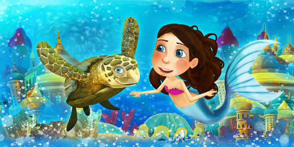 卡通海洋和水下王国中的美人鱼公主游泳和玩鱼的乐趣-儿童插图照片