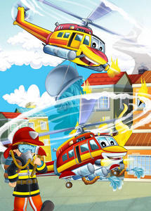 卡通场景与消防机器直升机插图图片