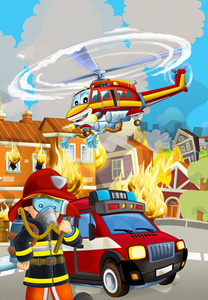 消防车在着火大楼附近的卡通场景