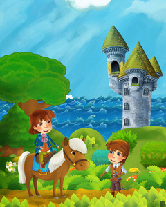 卡通森林场景与王子在森林海边和城堡塔附近的路径插图为儿童