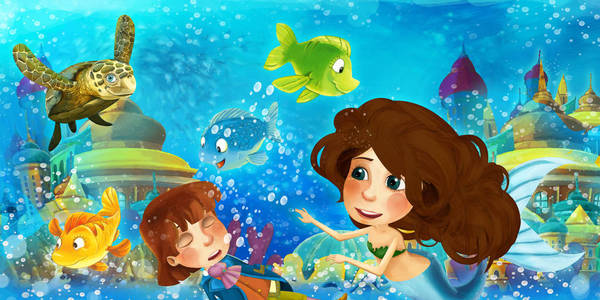 卡通海洋和水下王国中的美人鱼游泳和玩鱼看下沉人王子插图为儿童