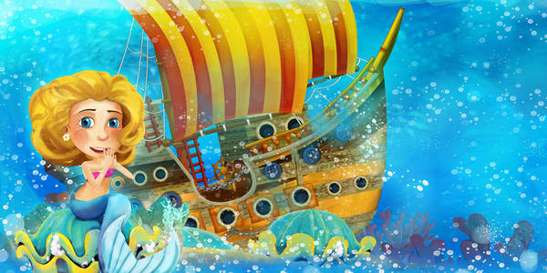 卡通海洋场景和水下王国中的美人鱼公主在沉没的海盗船附近游泳和娱乐