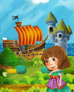 卡通森林场景，王子和公主站在森林和海岸附近的小路上，海盗船被隐藏在码头上，城堡塔儿童插图