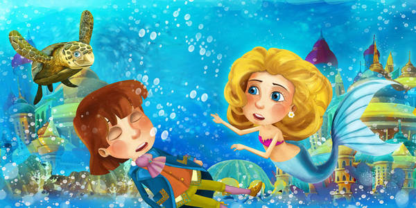 卡通海洋和美人鱼在水下王国游泳和与鱼嬉戏看溺水男子王子儿童插图