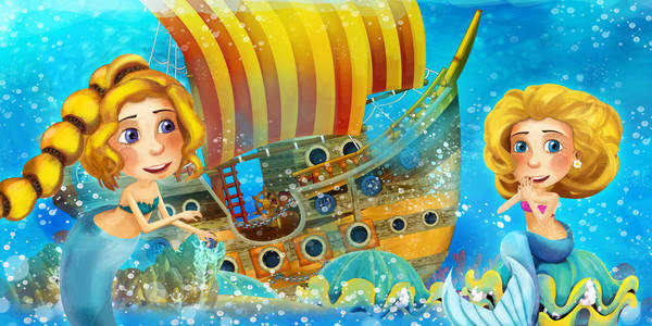 卡通海洋场景和水下王国中的美人鱼公主在沉没的海盗船附近游泳和娱乐儿童插图