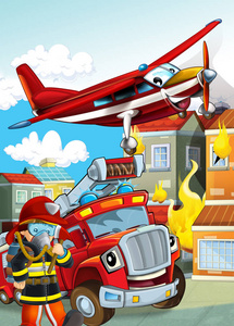 卡通场景与不同的消防机械直升机