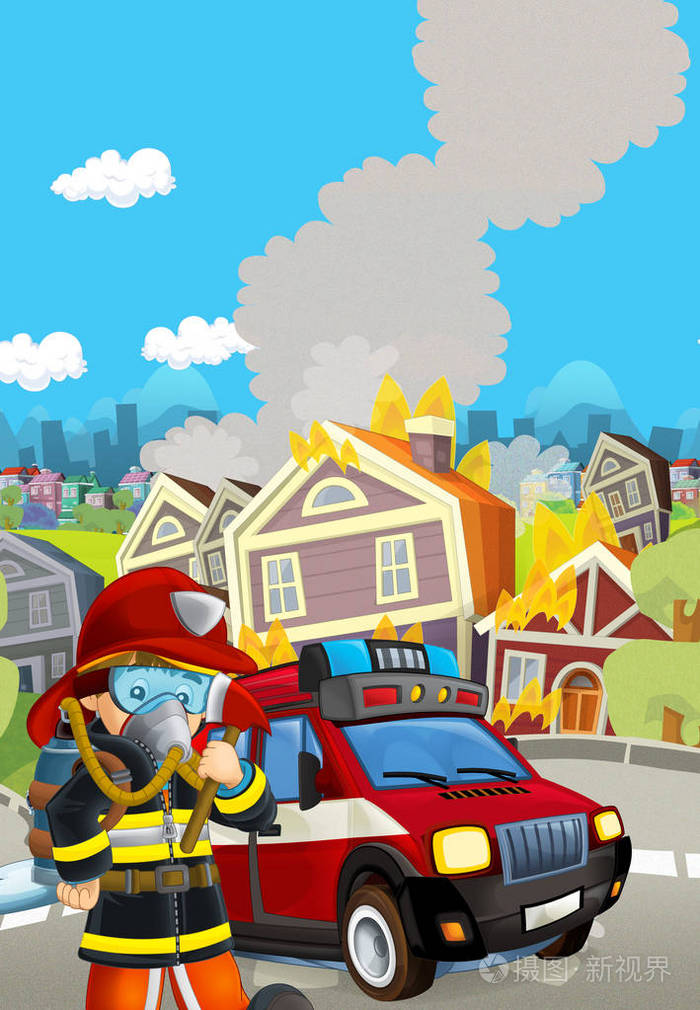 消防车在着火大楼附近的卡通场景