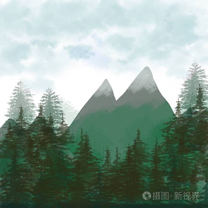 森林背景山景苍穹苍翠水彩画风格