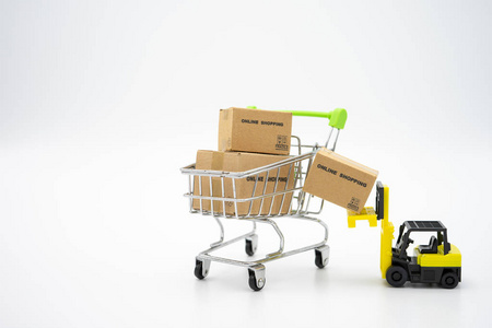 Online shopping with a shopping cart and shopping bags delivery 