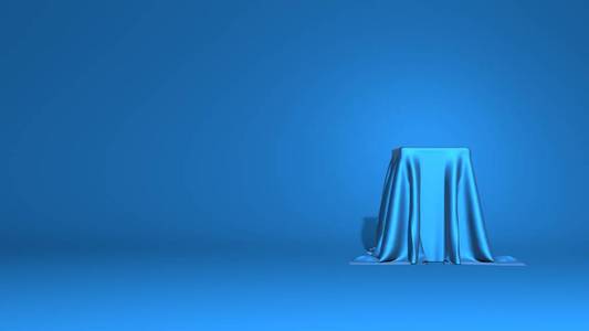 抽象的讲台台座。一个高高的立方体上覆盖着闪亮的织物。时尚简约的平面抽象场景，文本的存放处。时尚经典的蓝色。三维渲染