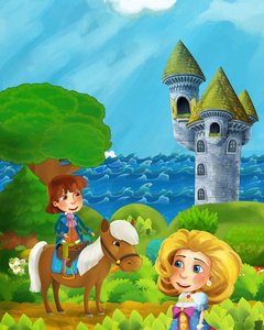 cartoon forest scene with prince path near the forest sea shore 