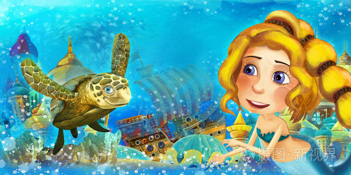 卡通海洋和水下王国的美人鱼游泳和娱乐儿童插图