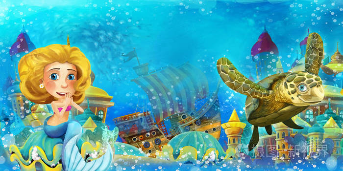 卡通海洋和水下王国的美人鱼游泳和娱乐儿童插图