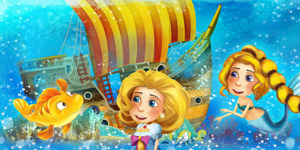 卡通海洋场景与水下王国中的美人鱼公主