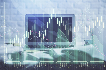 利用计算机对外汇图形和工作空间进行多次曝光。国际网上交易的概念。