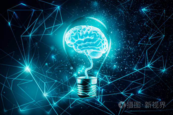 在灯泡里发光的大脑.未来神经丛线网络背景.
