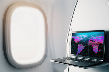 飞机内部的笔记本电脑特写，屏幕上有世界地图。国际市场交易概念。3d渲染。
