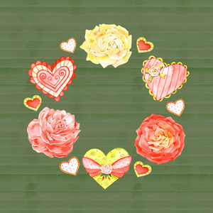 水彩手绘插画浪漫花环红黄枝红心。非常适合情人节和婚礼装饰