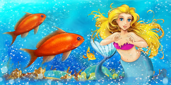 卡通场景美人鱼公主游泳在水下王国附近的一些鱼类儿童插图