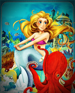 卡通场景美人鱼公主坐在大贝壳在水下王国与鱼插图为儿童
