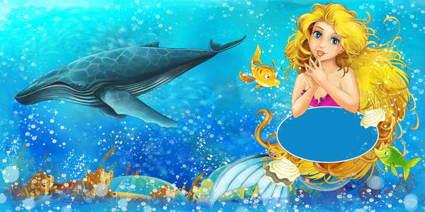 卡通场景美人鱼公主游泳在水下王国附近的一些鱼类与空间的文字插图儿童