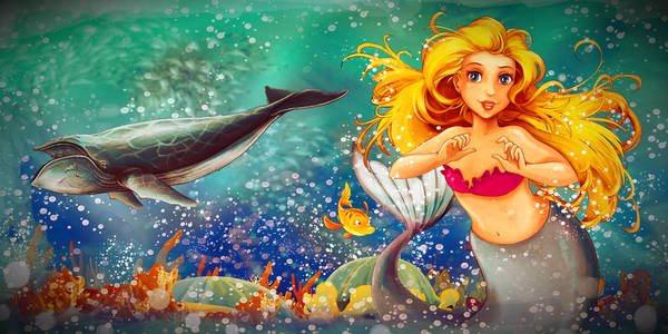 卡通场景美人鱼公主在水下游泳k