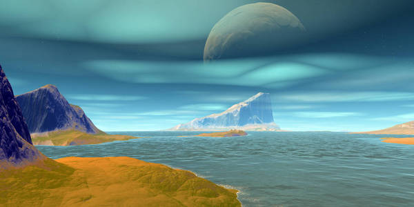 Alien Planet. Mountain and lake. 3D rendering 