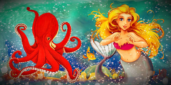 卡通场景美人鱼公主在水下游泳k照片