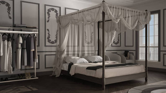 经典豪华卧室酒店套房人字形拼花地板灰泥模制墙壁带枕头和毯子的双天棚床蓬松地毯扶手椅白色和灰色室内设计