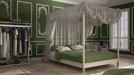 经典豪华卧室酒店套房人字形拼花地板粉刷墙壁带枕头和毯子的双天棚床圆形地毯扶手椅绿色室内设计