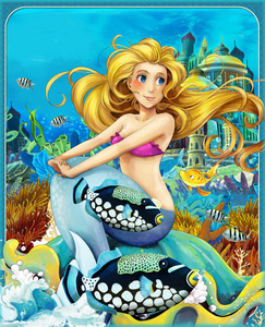 卡通场景美人鱼公主坐在大贝壳在水下王国与鱼插图为儿童